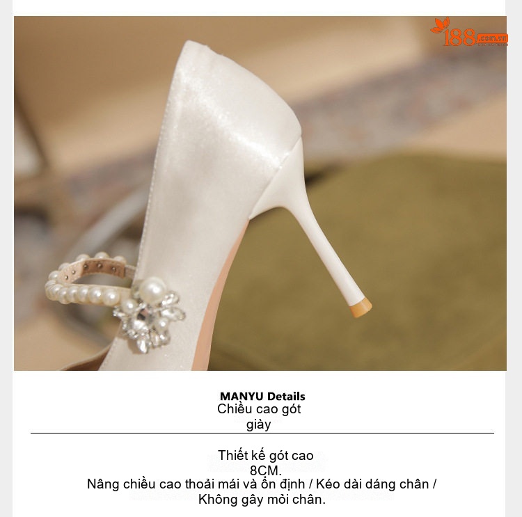 Giày Cao Gót Nữ Da Cừu Mũi Nhọn Chiều Cao Đế Khoảng 7cm Đính Đá và Ngọc Trai Màu Trắng, Đen chi tiết 10