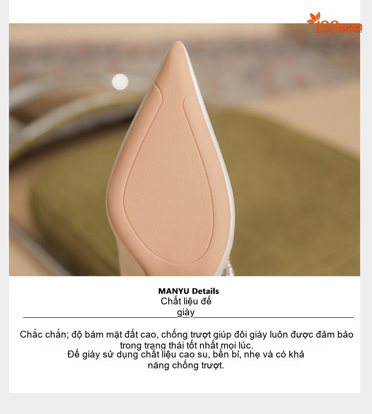 Giày Cao Gót Nữ Da Cừu Mũi Nhọn Chiều Cao Đế Khoảng 7cm Đính Đá và Ngọc Trai Màu Trắng, Đen chi tiết 11