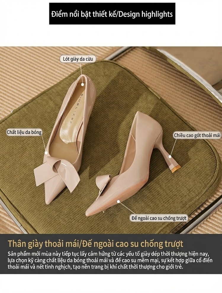 Giày Cao Gót Nữ Da Cừu Mũi Nhọn Chiều Cao Đế Khoảng 7cm Màu Đen, Kem chi tiết 4