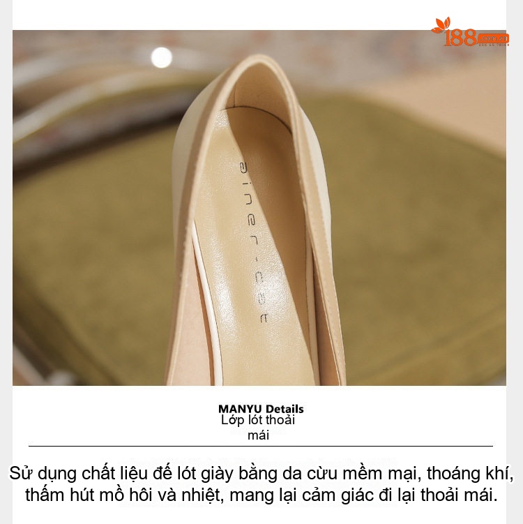 Giày Cao Gót Nữ Da Cừu Mũi Nhọn Chiều Cao Đế Khoảng 7cm Màu Đen, Kem chi tiết 9