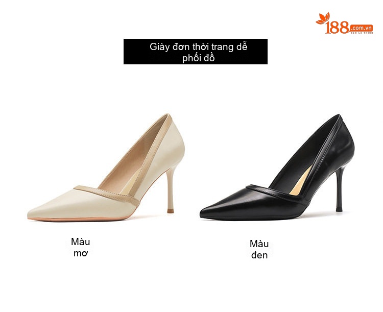 Giày Cao Gót Nữ Da Cừu Mũi Nhọn Chiều Cao Đế Khoảng 7cm Màu Đen, Kem chi tiết 7