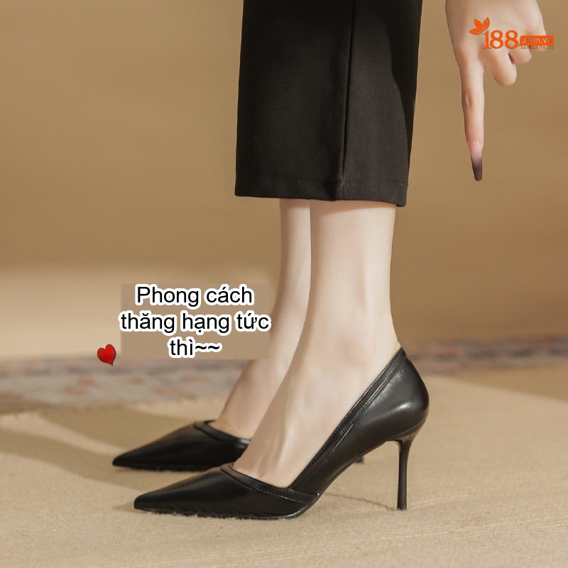 Giày Cao Gót Nữ Da Cừu Mũi Nhọn Chiều Cao Đế Khoảng 7cm Màu Đen, Kem