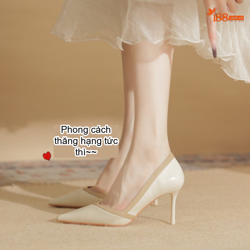 Giày Cao Gót Nữ Da Cừu Mũi Nhọn Chiều Cao Đế Khoảng 7cm Màu Đen, Kem