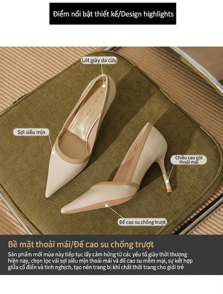 Giày Cao Gót Nữ Da Cừu Mũi Nhọn Chiều Cao Đế Khoảng 7cm Màu Đen, Kem chi tiết 4