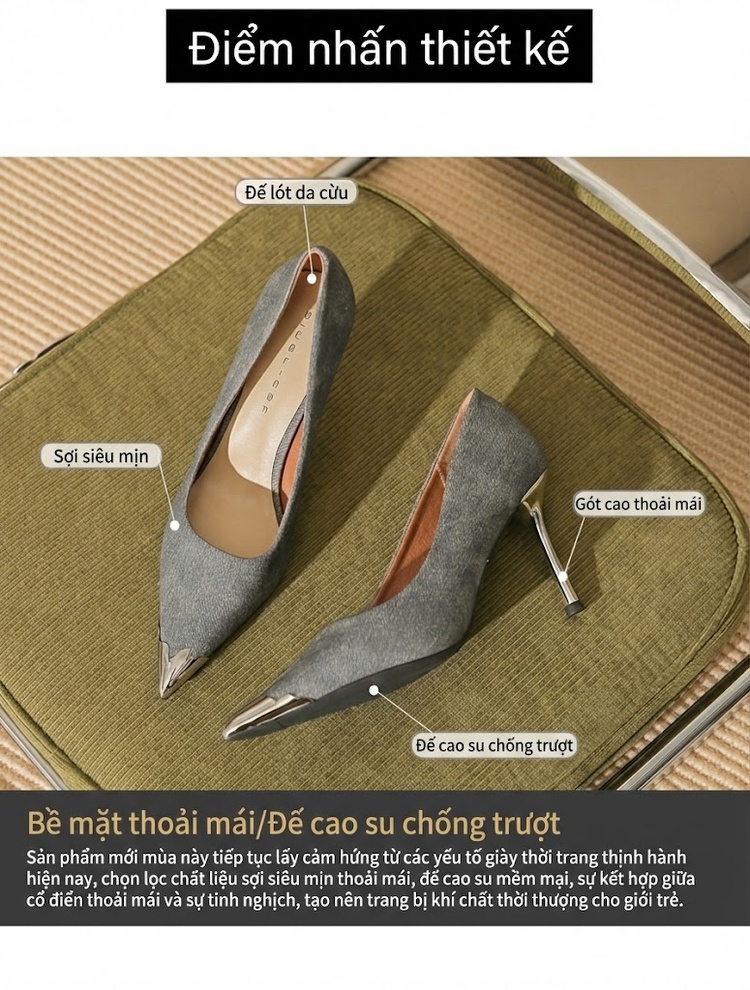 Giày Cao Gót Nữ Da Cừu Mũi Nhọn Chiều Cao Đế Khoảng 7cm Màu Đen, Xám chi tiết 4
