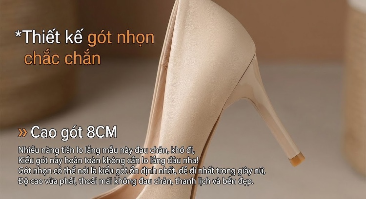 Giày Cao Gót Nữ Da Cừu Mũi Nhọn Chiều Cao Đế Khoảng 7cm Màu Nude, Đen chi tiết 7