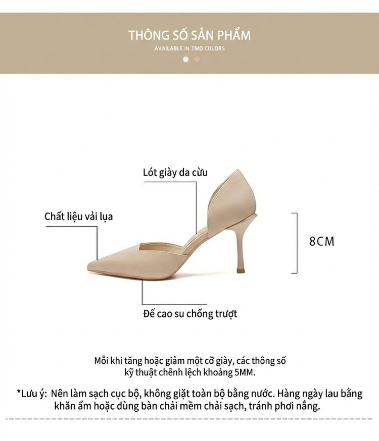 Giày Cao Gót Nữ Da Cừu Mũi Nhọn Chiều Cao Đế Khoảng 7cm Màu Nude, Đen chi tiết 4