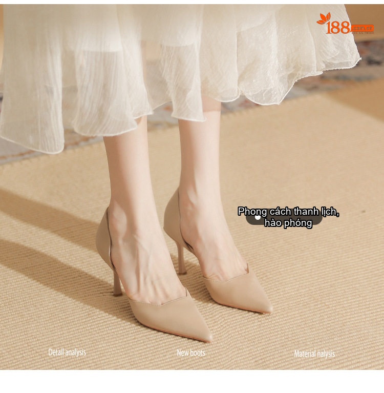 Giày Cao Gót Nữ Da Cừu Mũi Nhọn Chiều Cao Đế Khoảng 7cm Màu Nude, Đen chi tiết 5
