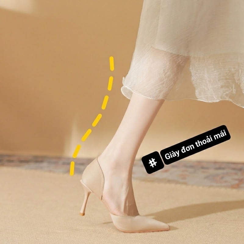 Giày Cao Gót Nữ Da Cừu Mũi Nhọn Chiều Cao Đế Khoảng 7cm Màu Nude, Đen