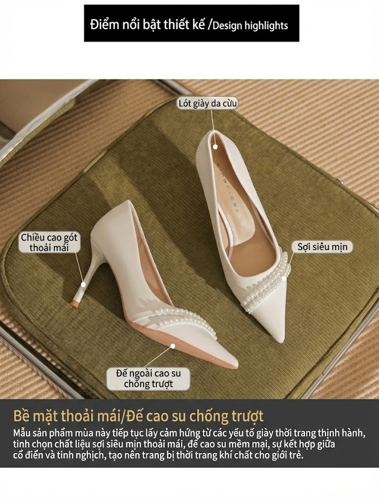 Giày Cao Gót Nữ Da Cừu Mũi Nhọn Chiều Cao Đế Khoảng 7cm Màu Trắng chi tiết 4