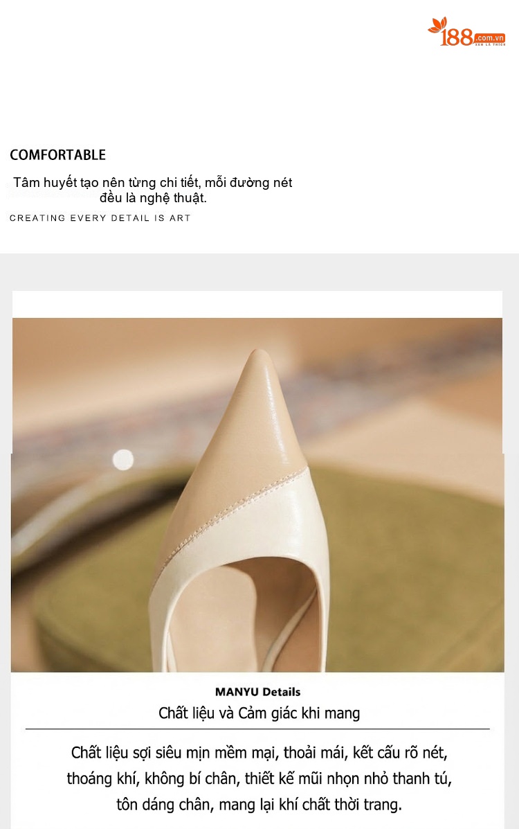 Giày Cao Gót Nữ Da Cừu Mũi Nhọn Chiều Cao Đế Khoảng 7cm Phối Màu Đen, Kem chi tiết 8