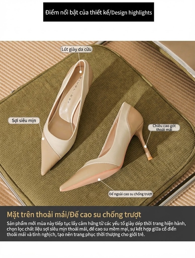 Giày Cao Gót Nữ Da Cừu Mũi Nhọn Chiều Cao Đế Khoảng 7cm Phối Màu Đen, Kem chi tiết 4