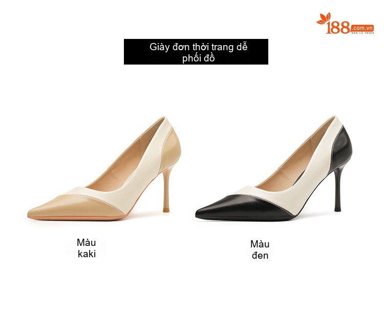 Giày Cao Gót Nữ Da Cừu Mũi Nhọn Chiều Cao Đế Khoảng 7cm Phối Màu Đen, Kem chi tiết 7