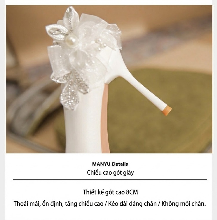 Giày Cao Gót Nữ Da Cừu Mũi Nhọn Đính Đá Chiều Cao Đế Khoảng 7cm Màu Trắng chi tiết 10