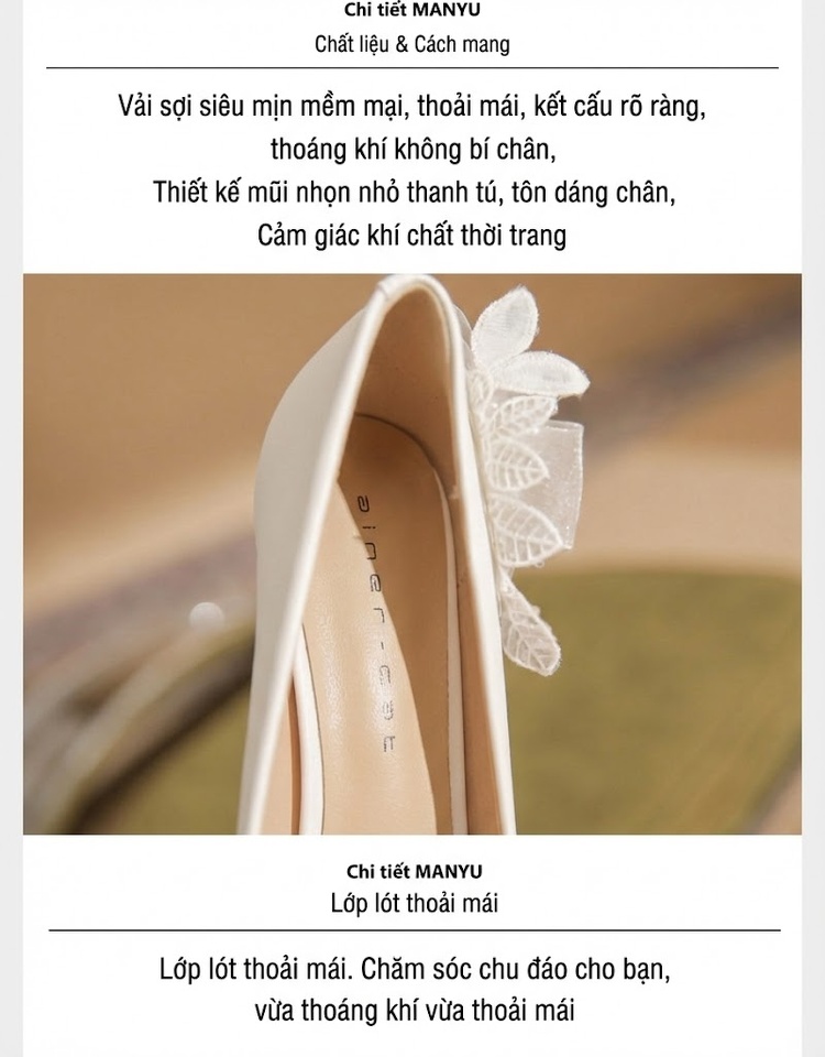 Giày Cao Gót Nữ Da Cừu Mũi Nhọn Đính Đá Chiều Cao Đế Khoảng 7cm Màu Trắng chi tiết 9