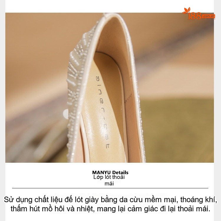 Giày Cao Gót Nữ Da Cừu Mũi Nhọn Đính Đá Chiều Cao Đế Khoảng 7cm Màu Trắng chi tiết 9