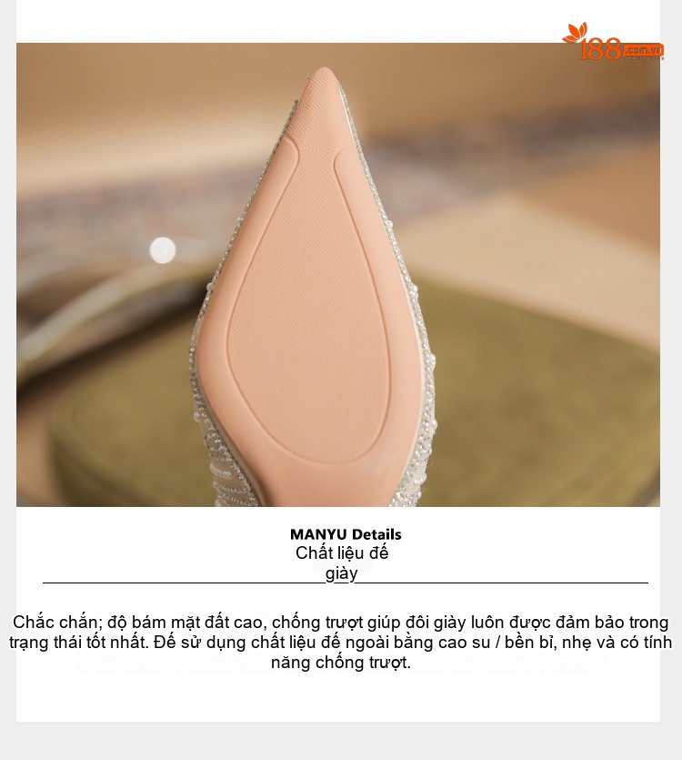 Giày Cao Gót Nữ Da Cừu Mũi Nhọn Đính Đá Chiều Cao Đế Khoảng 7cm Màu Trắng chi tiết 11