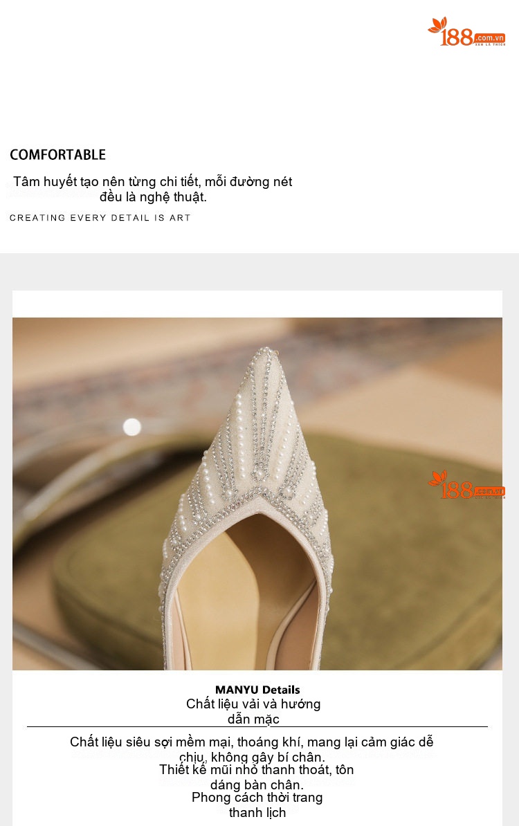 Giày Cao Gót Nữ Da Cừu Mũi Nhọn Đính Đá Chiều Cao Đế Khoảng 7cm Màu Trắng chi tiết 8