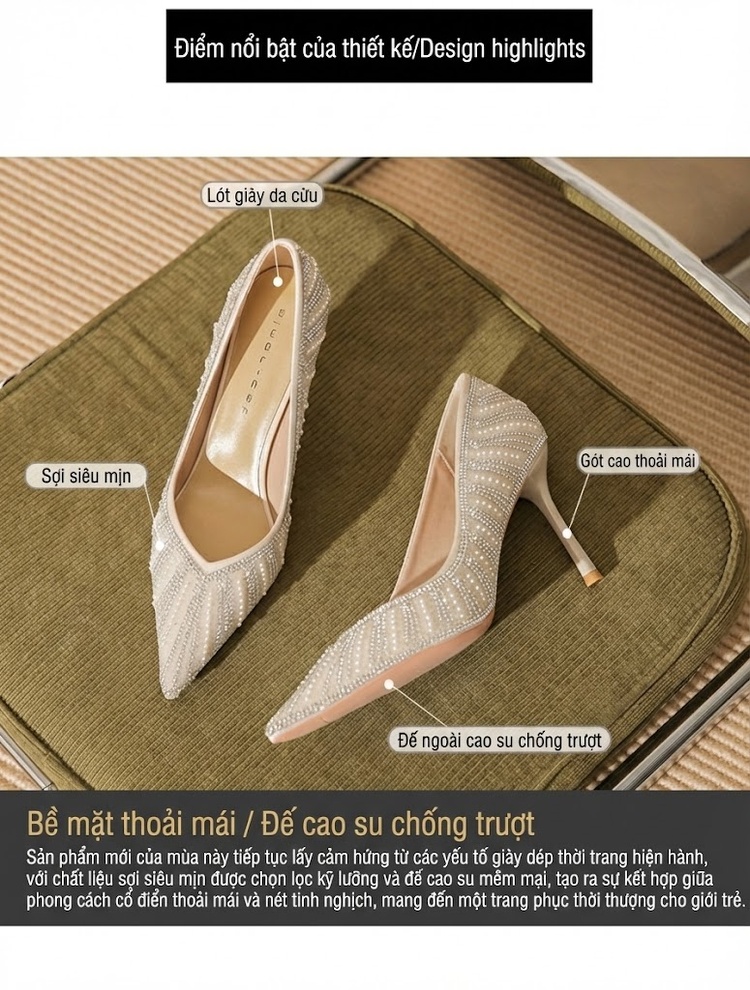 Giày Cao Gót Nữ Da Cừu Mũi Nhọn Đính Đá Chiều Cao Đế Khoảng 7cm Màu Trắng chi tiết 4