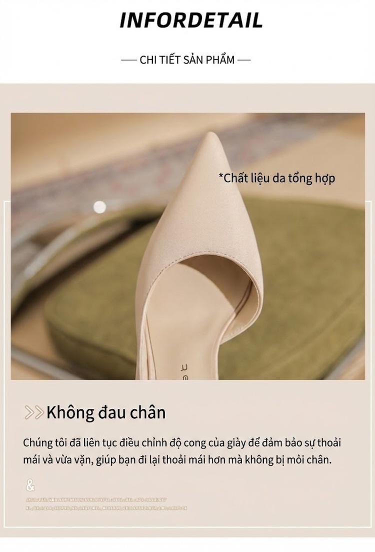 Giày Cao Gót Nữ Da Cừu Mũi Nhọn Hở Bên Chiều Cao Đế Khoảng 7cm Màu Đen, Kem chi tiết 7