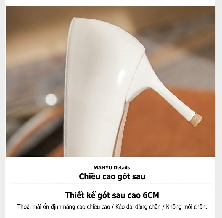 Giày Cao Gót Nữ Da Cừu Mũi Nhọn Hở Lưỡi Chiều Cao Đế Khoảng 6cm Màu Kem, Nude chi tiết 8