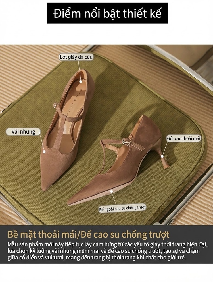 Giày Cao Gót Nữ Da Cừu Mũi Nhọn Quai Chữ T Chiều Cao Đế Khoảng 6cm Màu Đen, Nâu chi tiết 4