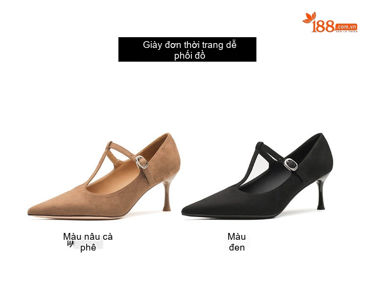 Giày Cao Gót Nữ Da Cừu Mũi Nhọn Quai Chữ T Chiều Cao Đế Khoảng 6cm Màu Đen, Nâu chi tiết 7