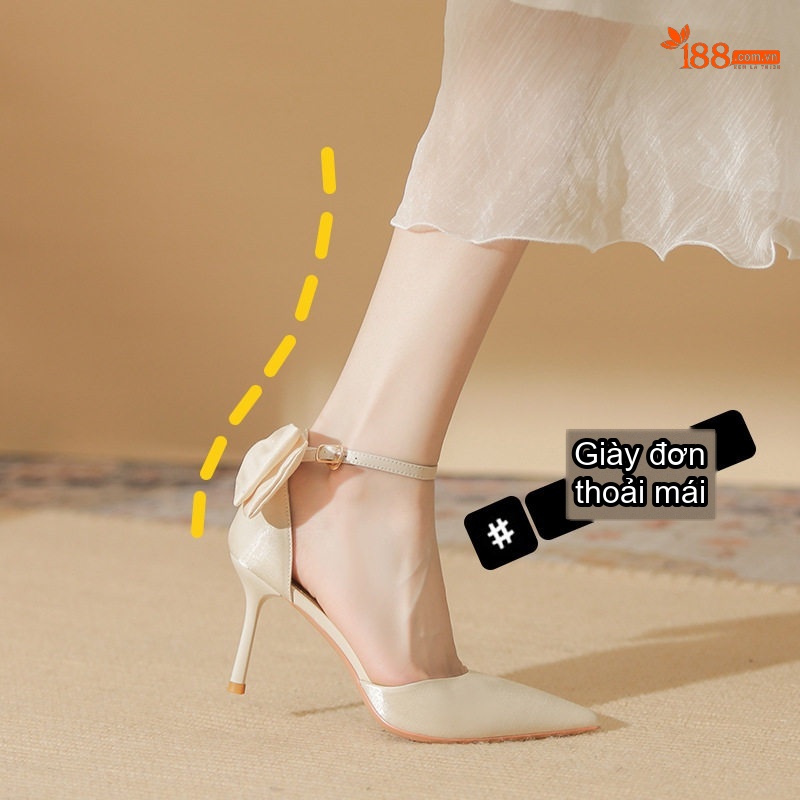 Giày Cao Gót Nữ Da Cừu Mũi Nhọn Quai Chữ T Chiều Cao Đế Khoảng 7cm Màu Kem, Đen