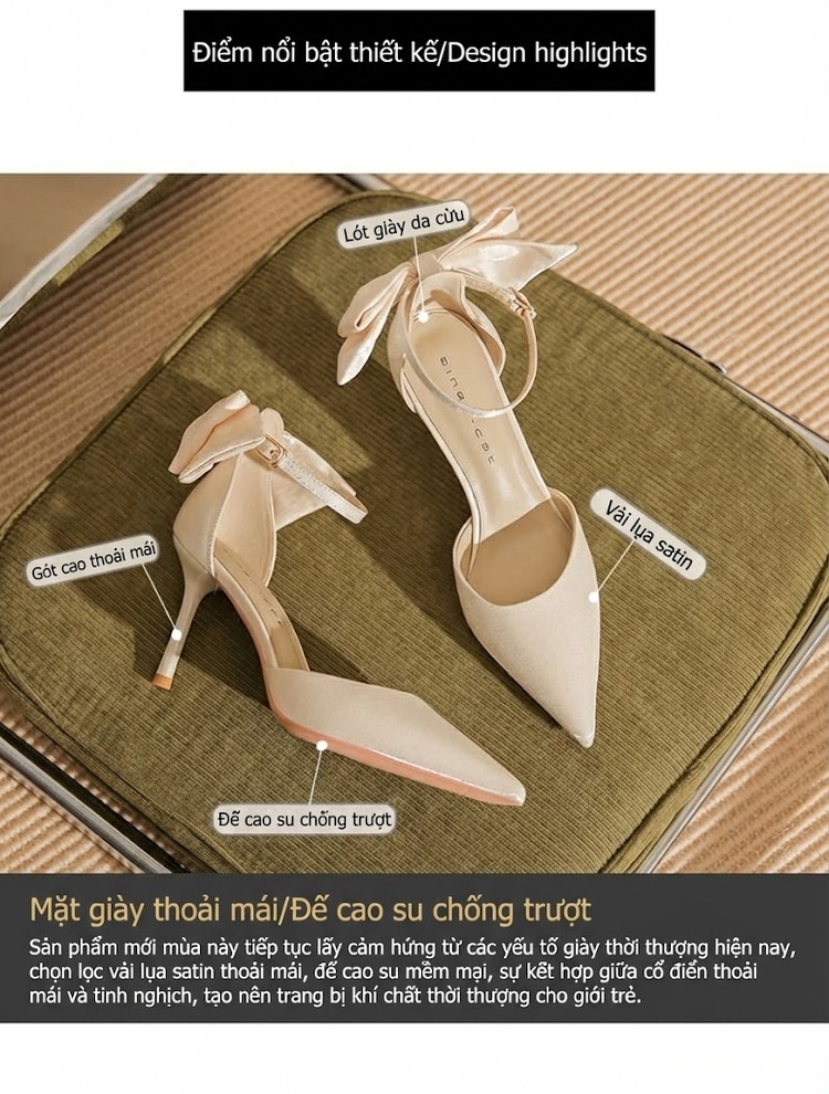Giày Cao Gót Nữ Da Cừu Mũi Nhọn Quai Chữ T Chiều Cao Đế Khoảng 7cm Màu Kem, Đen chi tiết 2