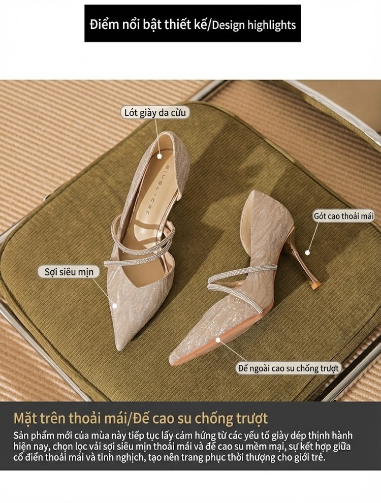Giày Cao Gót Nữ Da Cừu Mũi Nhọn Quai Đính Đá Chiều Cao Đế Khoảng 8cm Màu Bạc chi tiết 4