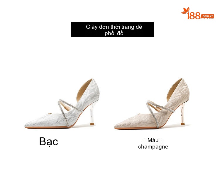 Giày Cao Gót Nữ Da Cừu Mũi Nhọn Quai Đính Đá Chiều Cao Đế Khoảng 8cm Màu Bạc chi tiết 7