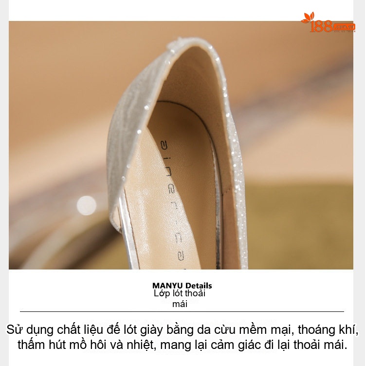 Giày Cao Gót Nữ Da Cừu Mũi Nhọn Quai Đính Đá Chiều Cao Đế Khoảng 8cm Màu Bạc chi tiết 9