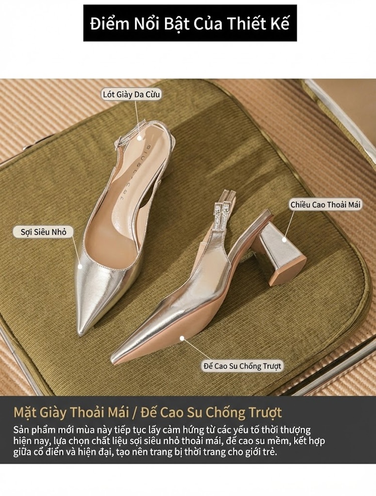 Giày Cao Gót Nữ Da Cừu Mũi Nhọn Quai Hậu Chiều Cao Đế Khoảng 5cm Màu Đen, Bạc chi tiết 2