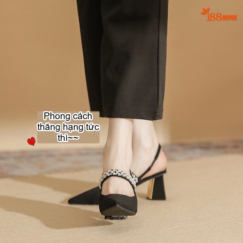 Giày Cao Gót Nữ Da Cừu Mũi Nhọn Quai Hậu Chiều Cao Đế Khoảng 6cm Đính Hạt Màu Đen, Kem