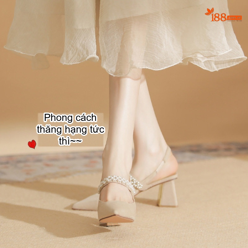 Giày Cao Gót Nữ Da Cừu Mũi Nhọn Quai Hậu Chiều Cao Đế Khoảng 6cm Đính Hạt Màu Đen, Kem