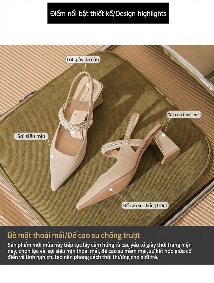 Giày Cao Gót Nữ Da Cừu Mũi Nhọn Quai Hậu Chiều Cao Đế Khoảng 6cm Đính Hạt Màu Đen, Kem chi tiết 2