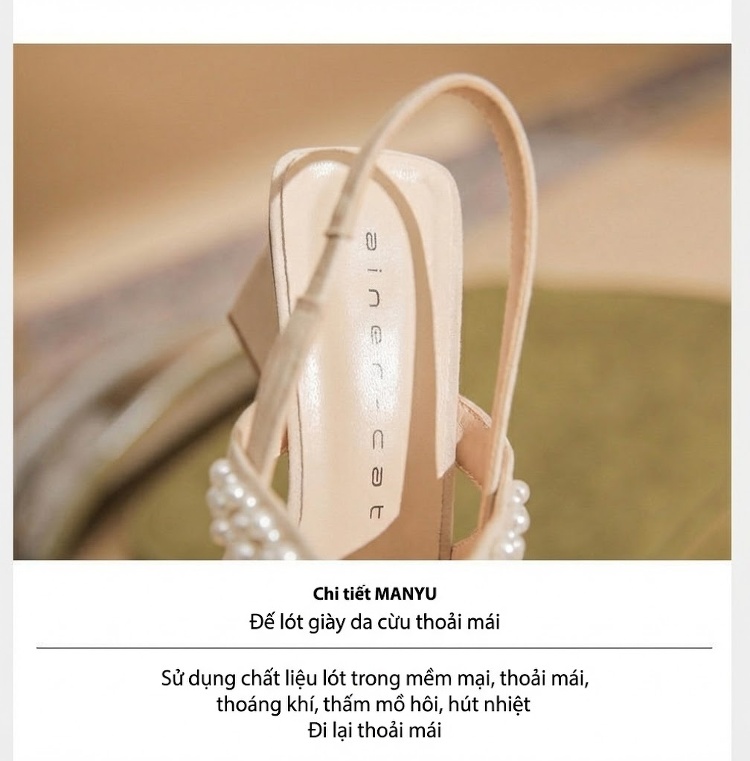 Giày Cao Gót Nữ Da Cừu Mũi Nhọn Quai Hậu Chiều Cao Đế Khoảng 6cm Đính Hạt Màu Đen, Kem chi tiết 7