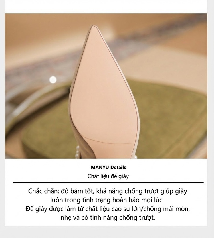 Giày Cao Gót Nữ Da Cừu Mũi Nhọn Quai Hậu Chiều Cao Đế Khoảng 6cm Đính Hạt Màu Đen, Kem chi tiết 9