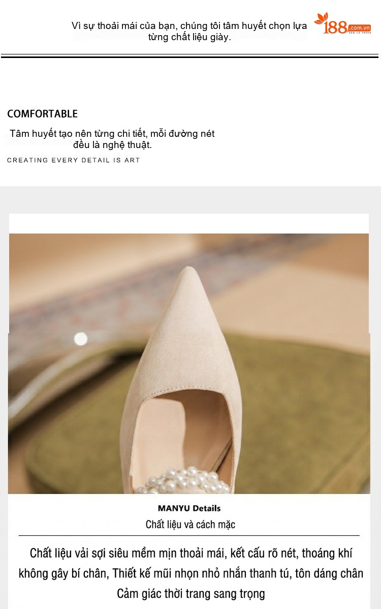Giày Cao Gót Nữ Da Cừu Mũi Nhọn Quai Hậu Chiều Cao Đế Khoảng 6cm Đính Hạt Màu Đen, Kem chi tiết 6