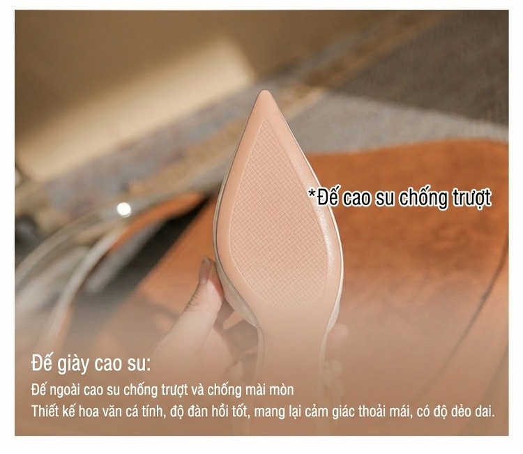 Giày Cao Gót Nữ Da Cừu Mũi Nhọn Quai Ngang Đính Ngọc Trai Chiều Cao Đế Khoảng 5cm Màu Kem chi tiết 11