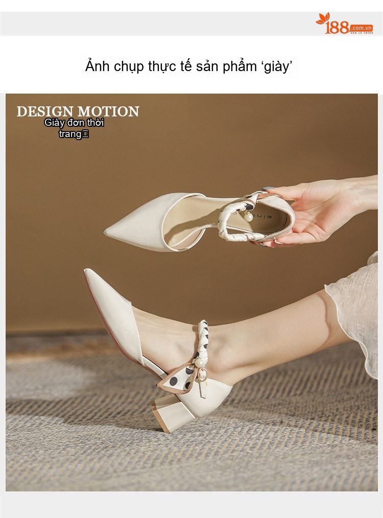 Giày Cao Gót Nữ Da Cừu Mũi Nhọn Quai Ngang Đính Ngọc Trai Chiều Cao Đế Khoảng 5cm Màu Kem chi tiết 12