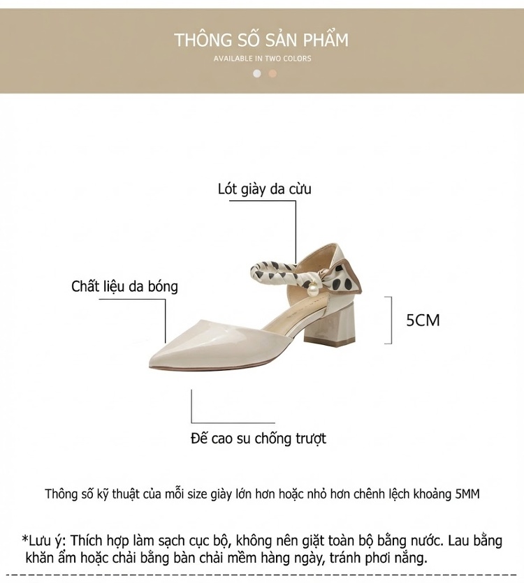 Giày Cao Gót Nữ Da Cừu Mũi Nhọn Quai Ngang Đính Ngọc Trai Chiều Cao Đế Khoảng 5cm Màu Kem chi tiết 4