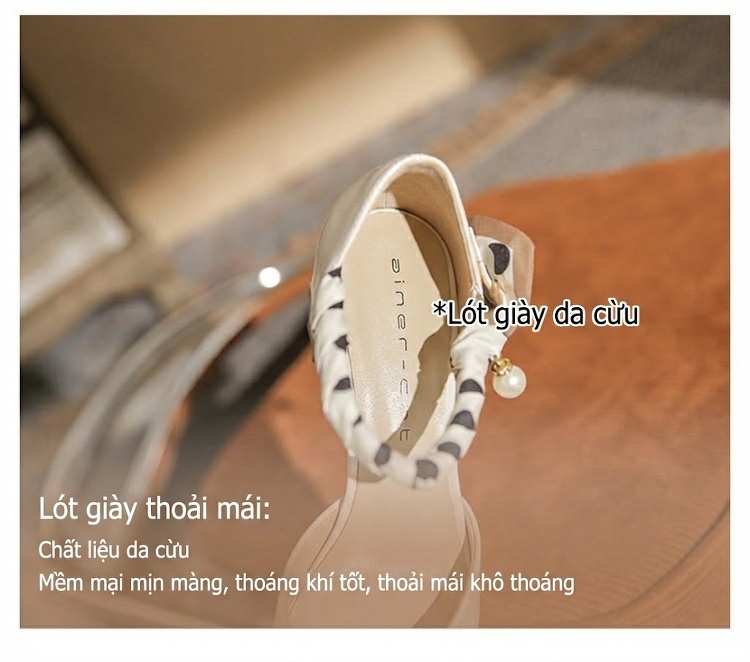 Giày Cao Gót Nữ Da Cừu Mũi Nhọn Quai Ngang Đính Ngọc Trai Chiều Cao Đế Khoảng 5cm Màu Kem chi tiết 9