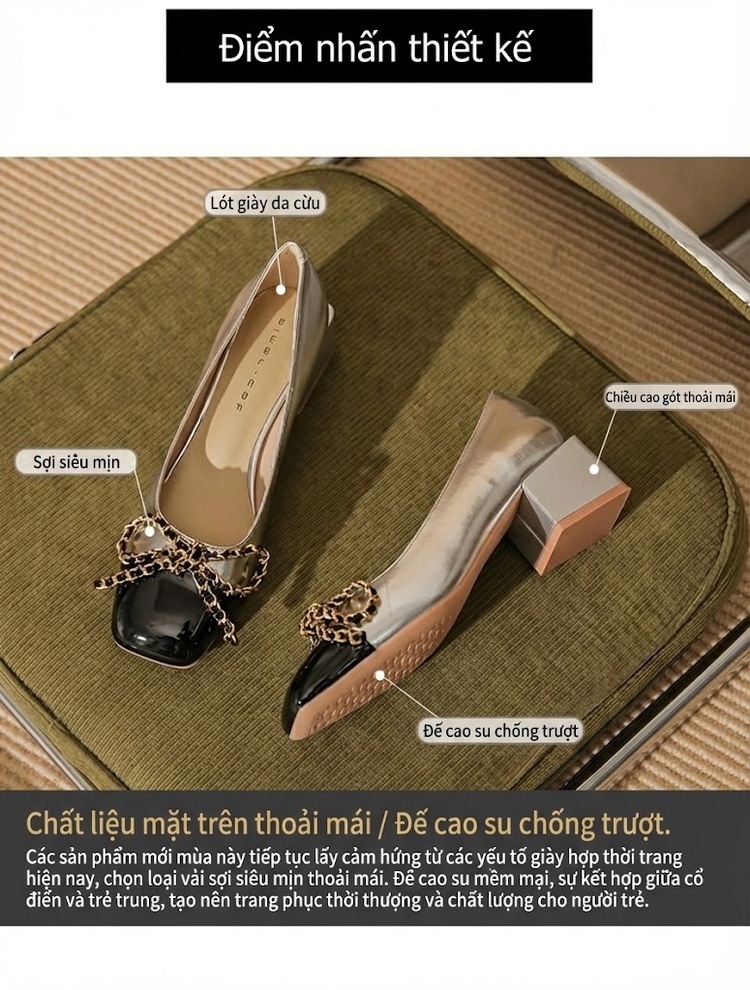 Giày Cao Gót Nữ Da Cừu Mũi Vuông Chiều Cao Đế Khoảng 4cm Màu Vàng, Đen, Bạc chi tiết 4