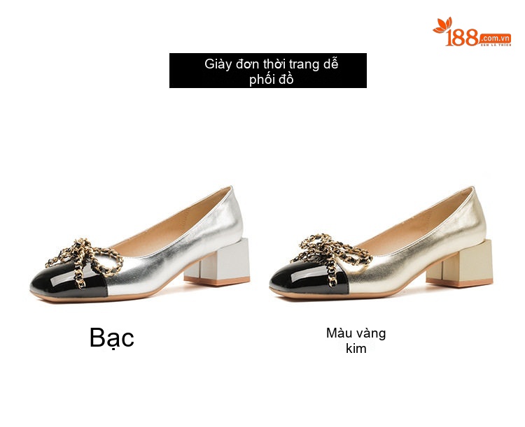 Giày Cao Gót Nữ Da Cừu Mũi Vuông Chiều Cao Đế Khoảng 4cm Màu Vàng, Đen, Bạc chi tiết 7