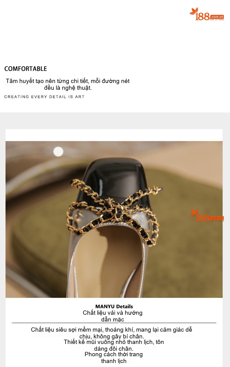 Giày Cao Gót Nữ Da Cừu Mũi Vuông Chiều Cao Đế Khoảng 4cm Màu Vàng, Đen, Bạc chi tiết 8