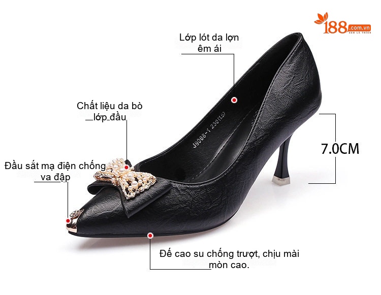 Giày Cao Gót Nữ Da Mềm Chiều Cao Đế Khoảng 6cm Đính Đá, Nơ Ngọc Trai Màu Đen, Kem chi tiết 5