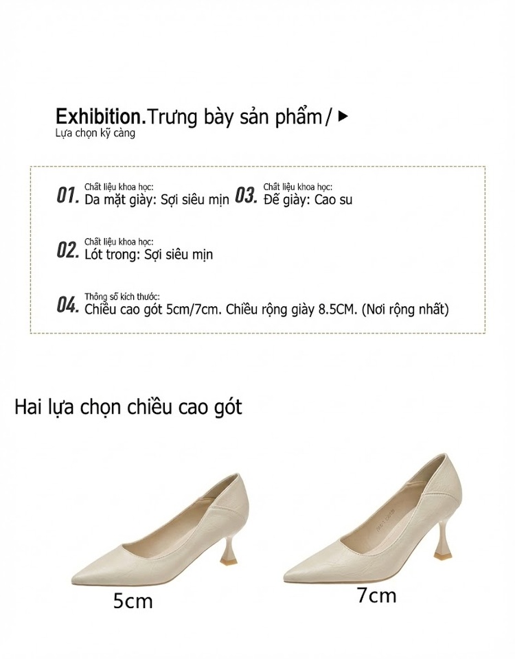 Giày Cao Gót Nữ Da Mềm Mũi Nhọn Chiều Cao Đế Khoảng 6cm Màu Đen, Kem chi tiết 2