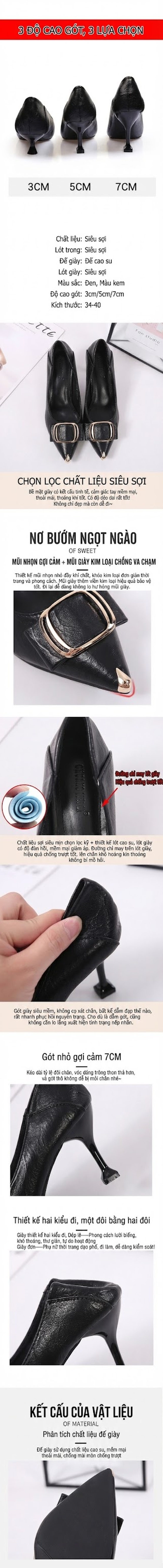 Giày Cao Gót Nữ Da Mềm Mũi Nhọn Gót Nhọn Chiều Cao Đế Khoảng 5cm Màu Đen, Kem chi tiết 1