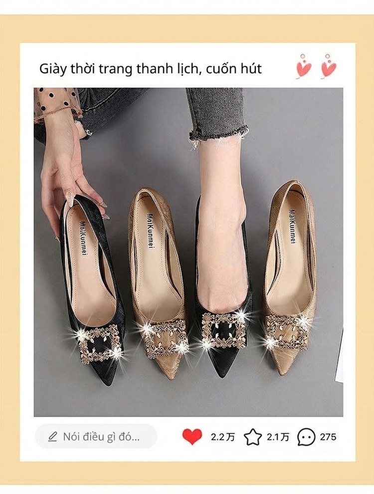 Giày Cao Gót Nữ Da Mờ Đính Đá Chiều Cao Đế Khoảng 6cm Màu Đen, Nâu chi tiết 3